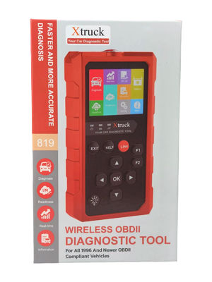 Xtruck 819 OBD2 स्कैनर ऑटोमोटिव डायग्नोस्टिक टूल जिसमें 9 प्रमुख प्रोटोकॉल सपोर्ट, 2.8-इंच IPS डिस्प्ले और 16-पिन OBDII कनेक्टर हैं